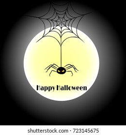 Halloween. Vector festive illustration. Full moon. A circle. Silhouette. Dark background. A spider on a web. Night. Horror. Darkness.