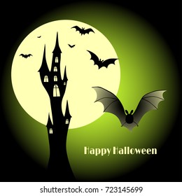 Halloween. Vector festive illustration. Full moon. Silhouette. Dark background. Castle. The bats. Trees. Night. Horror. Darkness.