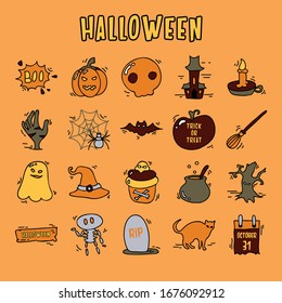 Halloween vector flat icon set with pumpkin, grave, candle, death, poison, skeleton, haunted house, bat, broom, hat, cupcake, cauldron, tree, spider web, wood, calendar, zombie hand, cat and ghost