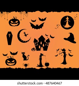 Halloween vector flat icon set, witches, spiders,bats, pumpkins,moon, coffin,black cat, cursed house illustration, black and orange background