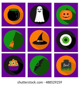 Halloween vector flat icons with long shadows. Traditional holiday symbols pumpkin, ghost, bat, hat and other. For web, applications, stickers and other business