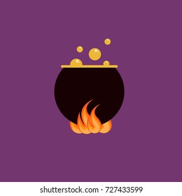 Halloween Vector Flat Illustration Image of Witch Pot. Cauldron with Yellow Potion on a Fire