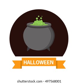 Halloween. A vector flat style with the text and  the raging cauldron. The leaflet, a banner, a poster, for the holiday Halloween.