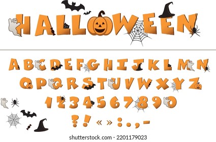 Halloween vector font. English decorative Halloween alphabet. Halloween ABC with pumpkins and flying bats. Holiday party letters. Vector illustration.