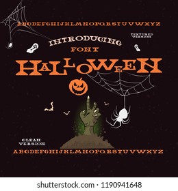 Halloween vector font letters, poster with zombie hand, grave, spiders, pumpkin.Set of design elements for Halloween. Clean and textured font.