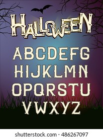 Halloween vector font letters, poster with dark night forest.