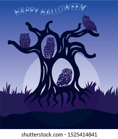 Halloween vector, four owls on a gnarled tree against the moon.
