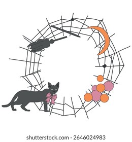Vetor de Halloween quadro com gato, vassoura, teia de aranha, lua, ilustração assustadora para a decoração. Quadro de círculo com caractere engraçado. Perfeito para cartões de decoração, convites, design de t-shirt. 