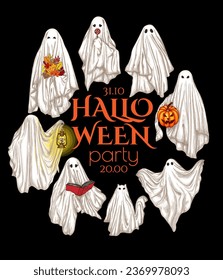 Halloween vector frame with different ghosts