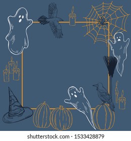 Halloween vector frame with ghosts and pumpkins. Sketch illustration.