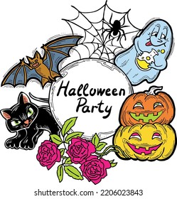 Halloween vector frame. Hand drawn scary and funny cartoon characters. Design for party invitation, store sale, seasonal discount banner, greeting card, background, poster print, decorative elements.