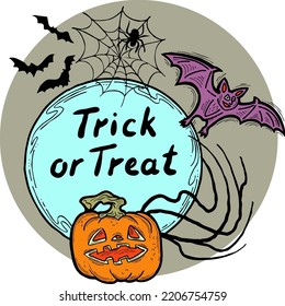 Halloween vector frame. Hand drawn scary and funny cartoon characters. Design for party invitation, store sale, seasonal discount banner, greeting card, background, poster print, decorative elements.