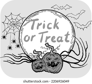 Halloween vector frame. Hand drawn scary and funny cartoon characters. Design for party invitation, store sale, seasonal discount banner, greeting card, background, poster print, decorative elements.