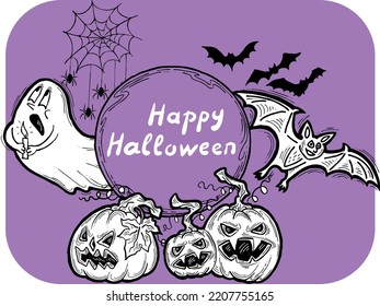 Halloween vector frame. Hand drawn scary and funny cartoon characters. Design for party invitation, store sale, seasonal discount banner, greeting card, background, poster print, decorative elements.