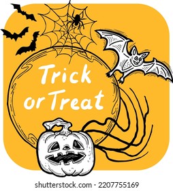 Halloween vector frame. Hand drawn scary and funny cartoon characters. Design for party invitation, store sale, seasonal discount banner, greeting card, background, poster print, decorative elements.