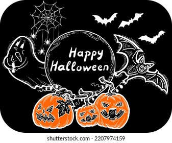 Halloween vector frame. Hand drawn scary and funny cartoon characters. Design for party invitation, store sale, seasonal discount banner, greeting card, background, poster print, decorative elements.