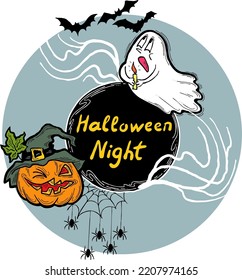 Halloween-Vektorrahmen. Handgezeichnet gruselige und lustige Cartoon-Figuren. Design für Partyeinladung, Shop-Verkauf, saisonale Rabattbanner, Grußkarte, Hintergrund, Poster-Druck, dekorative Elemente.