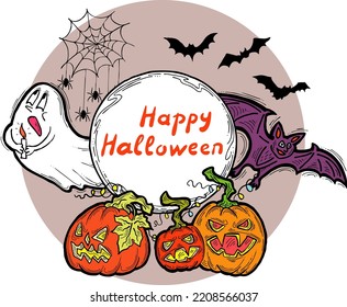 Halloween vector frame. Hand drawn scary and funny cartoon characters. Design for party invitation, store sale, seasonal discount banner, greeting card, background, poster print, decorative elements.