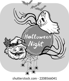 Halloween vector frame. Hand drawn scary and funny cartoon characters. Design for party invitation, store sale, seasonal discount banner, greeting card, background, poster print, decorative elements.