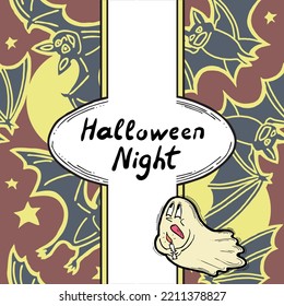 Halloween vector frame. Hand drawn cartoon characters plus pattern. Design for party invitation, store sale, seasonal discount banner, greeting card, background, poster print, decorative elements.