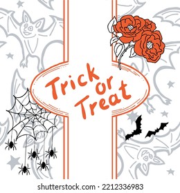 Halloween vector frame. Hand drawn cartoon characters plus pattern. Design for party invitation, store sale, seasonal discount banner, greeting card, background, poster print, decorative elements.