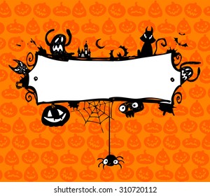 Halloween vector frame with silhouettes of bats, cat, jack o lantern