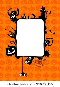 Halloween vector frame with silhouettes of bats, cat, jack o lantern