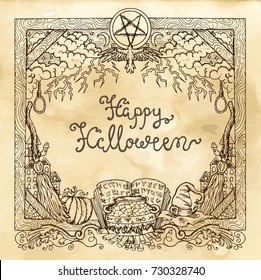 Halloween vector frame with traditional symbols and lettering on textured background. Hand drawn illustration with design elements  