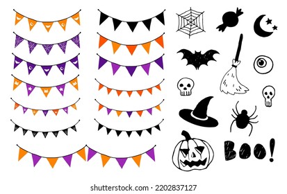 Halloween vector garland designs. Halloween party banner, hand drawn icons. Jack-o-lantern, spider, skull, witches hat, moon and stars.