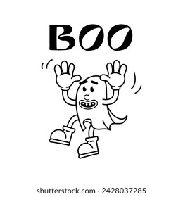 Halloween vector ghost groovy character. Holidays greeting card. Trick or treat. Isolated on white background. For flyers, invitations, cards. boo
