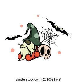 Halloween vector gnome in hat with  bat, spider web, beard and skull. Trick or treat. Isolated on white background.