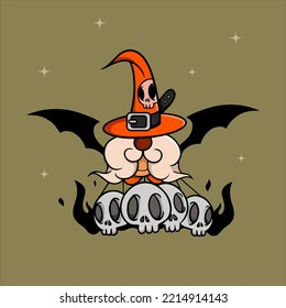 Halloween vector gnome in hat with   bat wing and skulls that emit blazing fire. Trick or treat. Isolated on color background