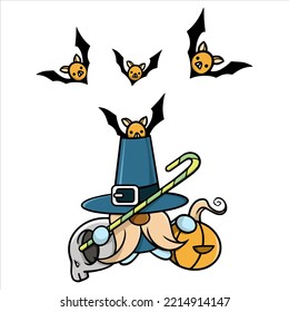 Halloween vector gnome in hat with  bat, pumpkin beard and skull. Trick or treat. Isolated on white background