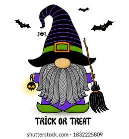 Halloween vector gnome in hat with broom and beard. Holidays greeting card. Trick or treat. Isolated on white background. Funny illustration with text. For flyers, invitations, cards, posters.