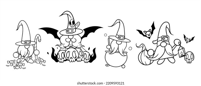 Halloween vector gnome in hat with candy, bat, spider web, beard, fire, magic potion and skull. Set vector Holidays greeting card. Trick or treat. Isolated on white background. Perfect for Halloween.