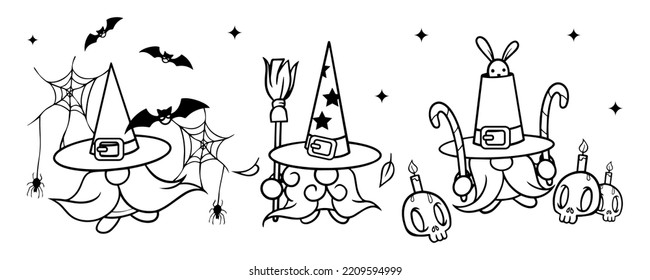 Halloween vector gnome in hat with candy, rabbit, bat, spider web, candle
and beard. Set vector Holidays greeting card. Trick or treat. Isolated on white background. For flyers, invitations, cards.