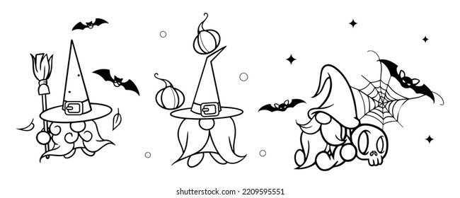 Halloween vector gnome in hat with candy, bat, spider web, broom, pumpkin and beard. Set vector Holidays greeting card. Trick or treat. Isolated on white background. For flyers, invitations, cards.
