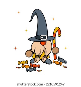 Halloween vector gnome in hat with candy and beard. Holidays greeting card. Trick or treat. Isolated on white background.