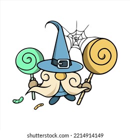 Halloween vector gnome in hat with   spider web, beard, and candy. Trick or treat. Isolated on white background