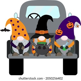 Halloween vector gnomes in black pickup truck holding coffin, cauldron, poison bottle. Isolated on white background. Perfect for sublimation design, prints, posters.