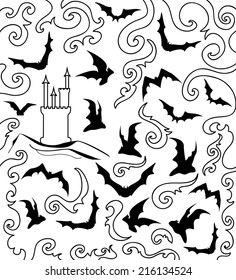 Halloween vector graphic background with flying bats "Happy Halloween"