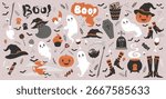 Halloween vector graphic elements clipart with cute pumpkin, ghost, witch hat and shoes, cat, candy and others. Hand drawn cartoon flat style illustration for poster, card, party invitation
