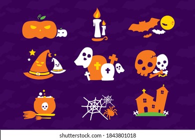 Halloween Vector graphics Composition With Pumpkin, Bat, Candle, Grave, Ghost, Skull, Bone, Broom, Witch cauldron, Spider, Spider web, Haunted house, And Witch hat