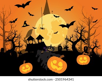 Halloween vector of a graveyard, cartoon cemetery with pumpkins, horror trees, and cute flying ghosts. Halloween panorama.