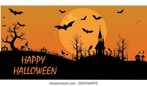 Halloween vector of a graveyard, cartoon cemetery with pumpkins, horror trees, and cute flying ghosts. Halloween panorama.