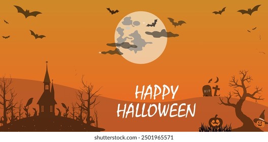 Halloween vector of a graveyard, cartoon cemetery with pumpkins, horror trees, and cute flying ghosts. Halloween panorama.