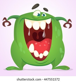 Halloween vector  green and slimy monster with big teeth and mouth opened wide isolated on white