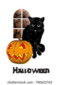 Halloween vector greeting card. Cat with pumpkin