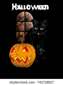 Halloween vector greeting card. Cat with pumpkin