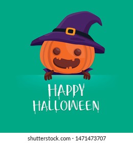 Halloween vector greeting card with cute pumpkin wearing witch hat on green background.